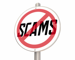 No Scams Sign Safe Buy Sale Transaction Area Zone Scammers Beware Warning 3d Illustration