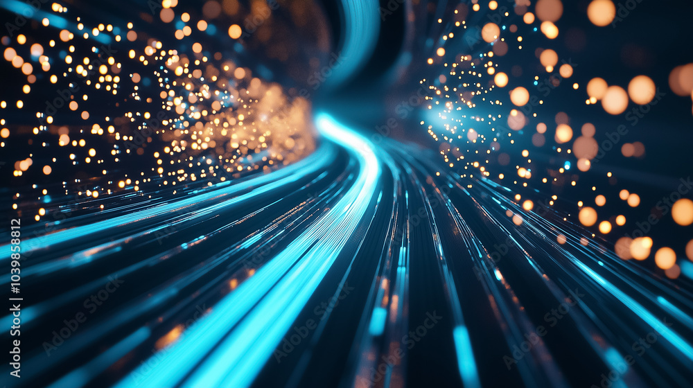 Poster bright light trails convey rapid data movement in a vibrant digital environment filled with luminous