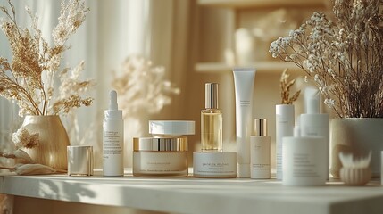 Serene beauty background featuring array of facial cosmetic products elegantly displayed including creams serums and makeup items with a soft focus and ample space for text to highlight skin care tips