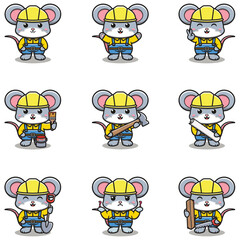 Cute Mouse mascot works in construction. Cute Mouse builder cartoon. Animal builders.