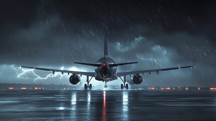 Airplane landing during a storm, rain and lightning in the background.