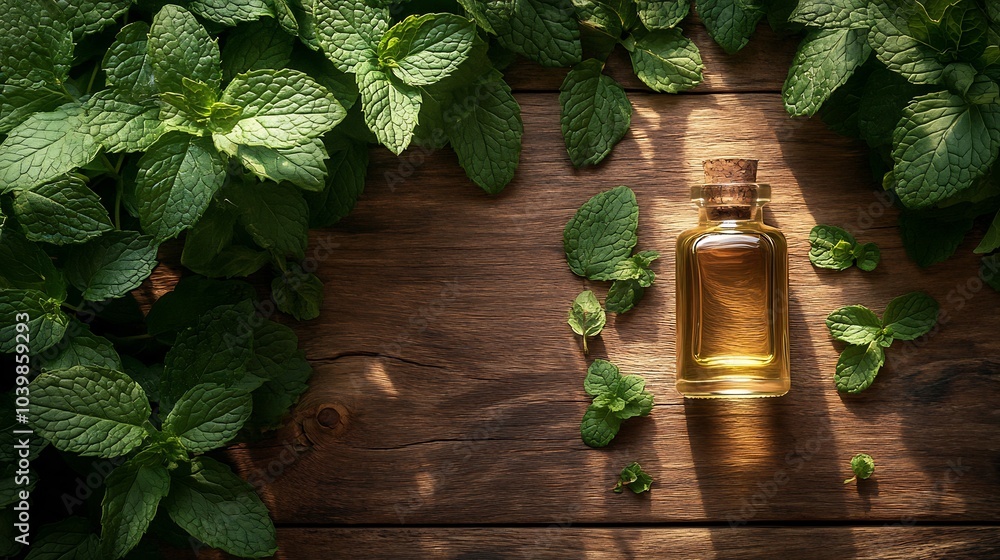 Poster serene display featuring bottle of mint essential oil surrounded fresh green mint leaves rustic wood