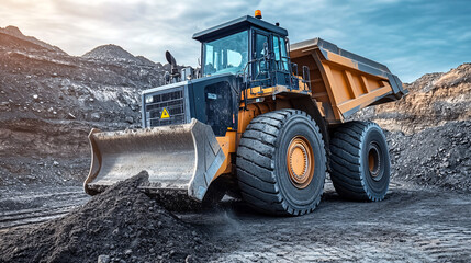 Fototapeta premium Powerful Yellow Mining Dump Truck with Big Tires and Blade in a Coal Mine