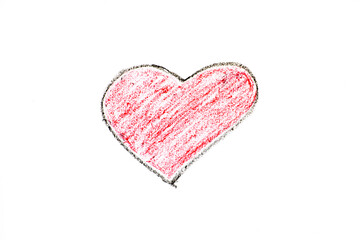 Red color oil pastel hand drawing in heart shape on white paper background