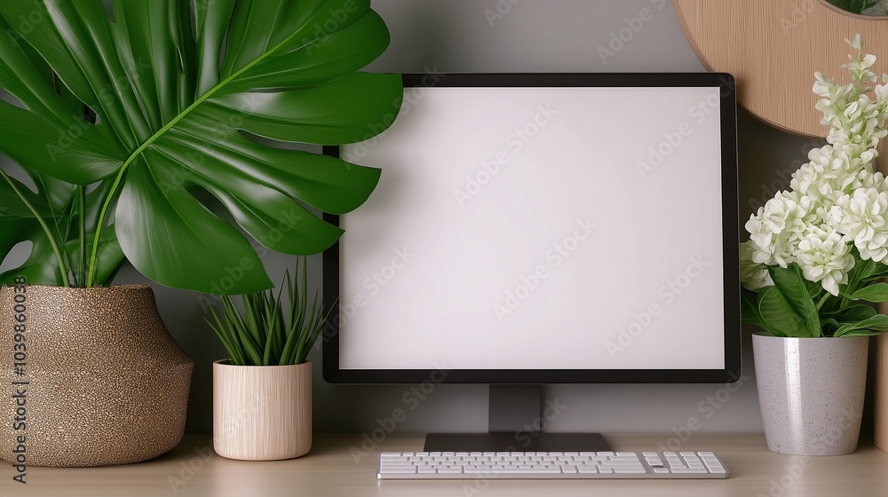 Poster mockup computer monitor with potted plants. cozy atmosphere in workplace with display template adver