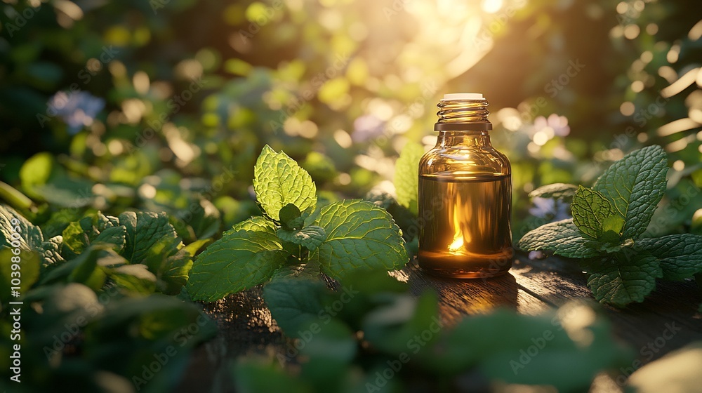 Poster serene display featuring bottle of mint essential oil surrounded fresh green mint leaves rustic wood