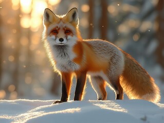 Obraz premium red fox gracefully navigating a winter forest, illuminated by the warm glow of a sunset; soft snow blankets the ground, creating a magical and serene winter scene
