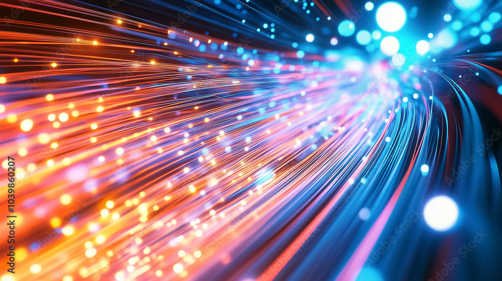 Poster abstract light trails signify rapid data transfer, illustrating movement within a digital network en