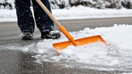 A snow plow removes snow from a street, while an individual uses a shovel to clear a nearby walkway in winter conditions