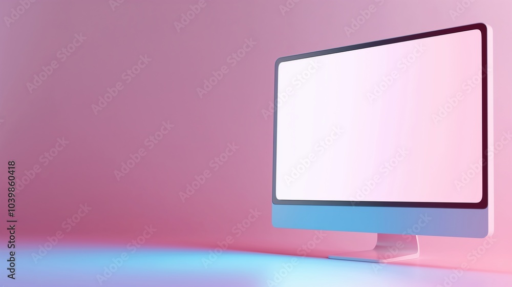 Poster minimalist interior with monitor mockup on pink background. office computer display in empty room te
