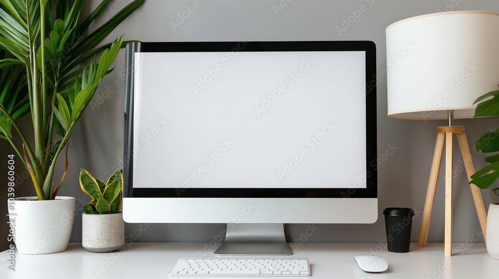 Poster computer monitor mockup in arranged workplace. cozy office setting with pc display and lamp template