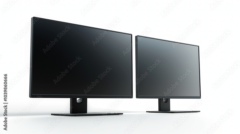 Poster pair of modern lcd computer monitors mockups in store. pc displays demonstration template advertisin
