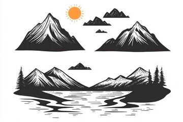 Stylized mountain sceneries with a river and sun, black and white illustration.