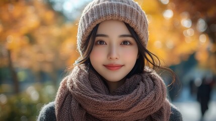 A woman wearing a brown hat and scarf is smiling at the camera