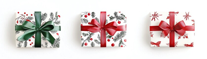Three beautifully wrapped gift boxes with festive designs and bows on a white isolated background.