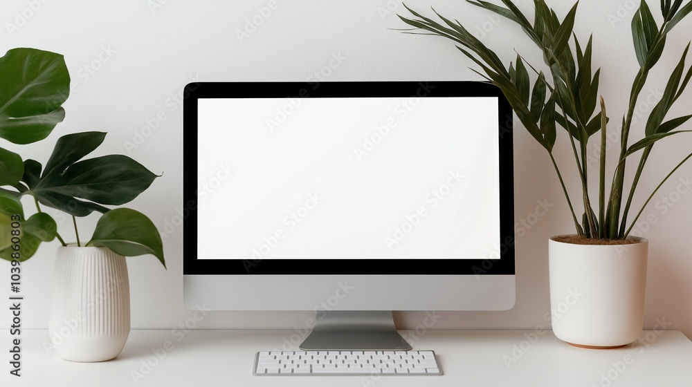 Poster glowing computer monitor mockup with houseplants on desk. workplace creating productive atmosphere t