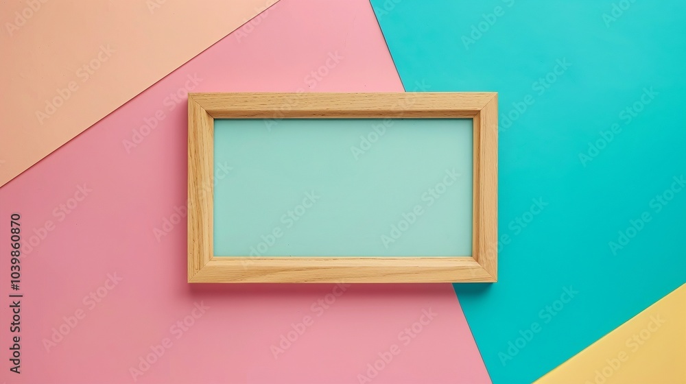 Poster wooden frame mockup against retro color block background. playful photoframe template advertising im