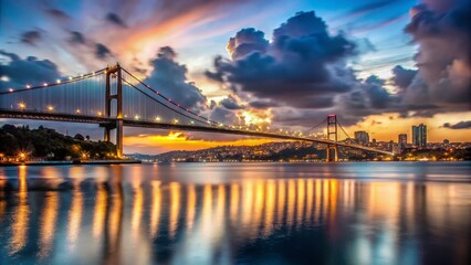 Captivating Long Exposure of Bosphorus Bridge at Night - Istanbul's Iconic Landmark with Glowing Lights and Serene