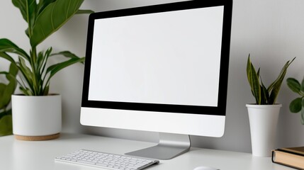 Office pc monitor mockup on arranged workplace. Pc display with houseplants on table template advertising image. Comfortable home workspace with device mock up product photorealistic