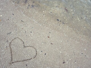 Hearts drawn on sand beach