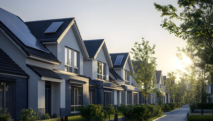 A row of modern townhouses with gray roofs and white walls, under the bright sun in an urban area The focus is on one house that has solar panels on its roof Generative AI