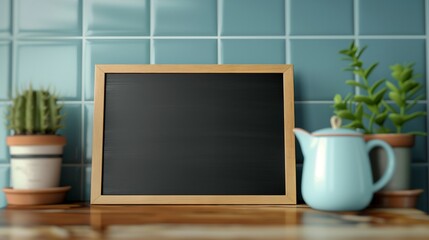 Mockup blackboard with cactus and small jug on table. Nutritious ration planning template advertising image. Kitchen interior with mock up chalkboard product photorealistic