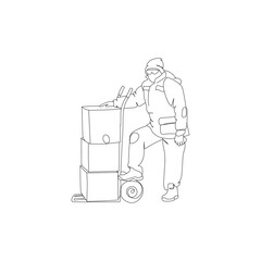 Dessin en ligne continue d'un homme livrant des cartons, line art, vecteur