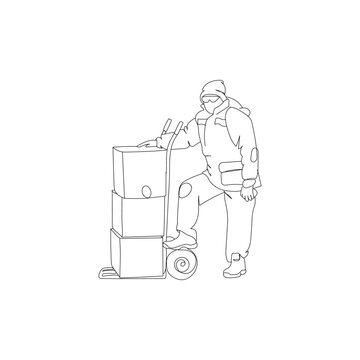 recommend clip art: Dessin en ligne continue d'un homme livrant des cartons, line art, vecteur