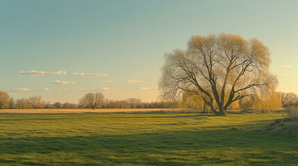 Fototapeta premium Spring landscape with green grass willows and clear sky during sunset or sunrise Vintage film vibe