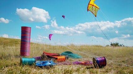 Obraz premium Well-organized kite flying equipment on a windy hilltop, kites and spools of string neatly laid out, ready for flying