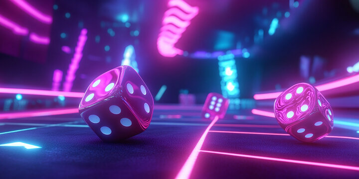 A lively craps table is lit up with vibrant neon lights as dice roll across, creating an electrifying atmosphere in a virtual casino setting, filled with excitement and chance.