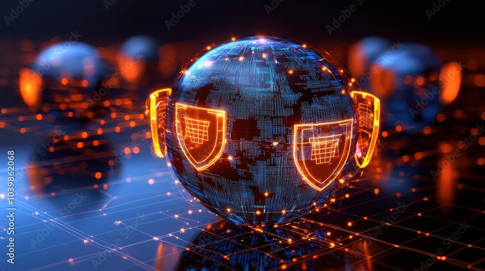 Poster abstract globe covered in glowing privacy shields represents digital security and protection in conn