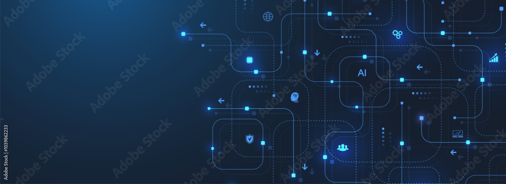 Poster abstract digital ai circuit board background with tech icons. digital technology motherboard texture