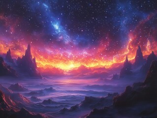 rocky landscape illustration with a starry sky featuring a colorful galactic nebula, creating a sense of wonder and exploration in a vast, otherworldly setting