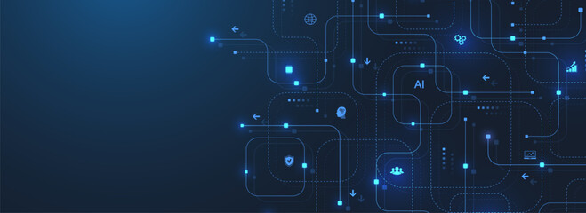 Abstract digital AI circuit board background with tech icons. Digital technology motherboard texture design. Engineering circuit board concept for poster, header, banner, website, presentation