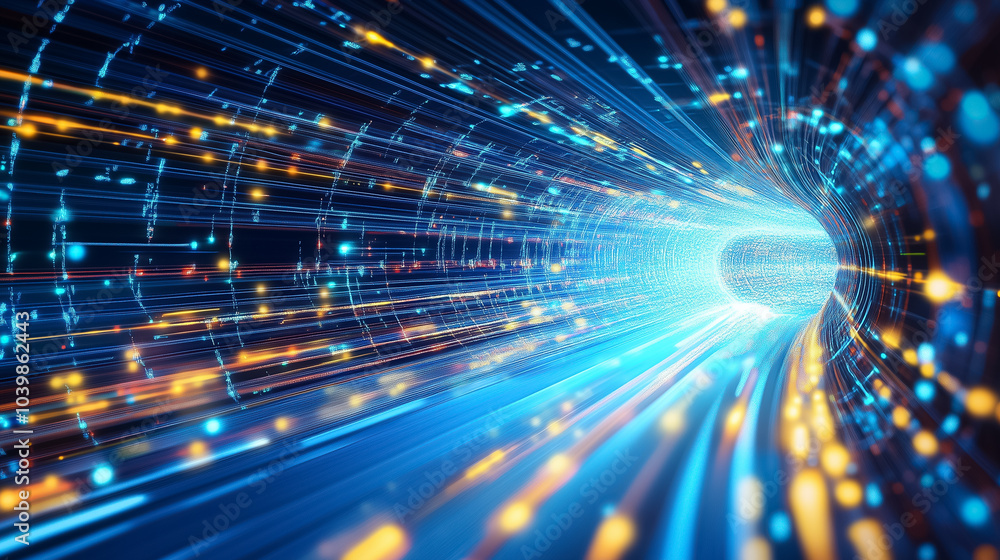 Poster dynamic light trails illustrate rapid data transmission through a high-speed digital tunnel design