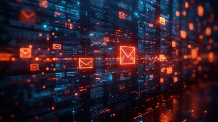 Obraz premium a digital marketing concept visualizing a company sending numerous emails and newsletters to customers depicted through an array of colorful icons and dynamic graphics representing communication