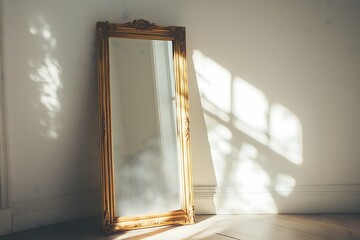 A mirror with a golden colored frame standing up against a white wall