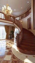 Elegant spiral staircase in a luxurious foyer bathed in natural light during the day