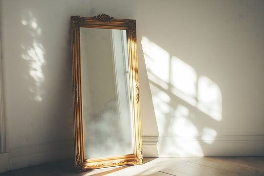 A mirror with a golden colored frame standing up against a white wall