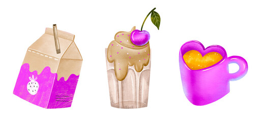 Valentines day collection. Love set with cartoon cup, cocktail and milk package, flowers. Doodle hand drawn illustration on isolated background