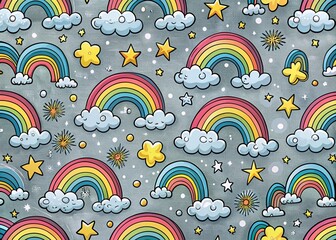 Cartoon Rainbow and Cloud Baby Doodle Print in Bohemian Style for Kids' Fabric and Wallpaper