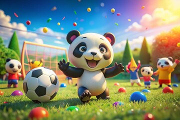 Fototapeta premium Cartoon Soccer Panda Playing Football in Action - Fun and Whimsical Sports Photography for Kids and Family