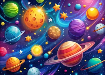 Naklejka premium Cartoon Space Background Image with Colorful Planets and Stars for Creative Projects