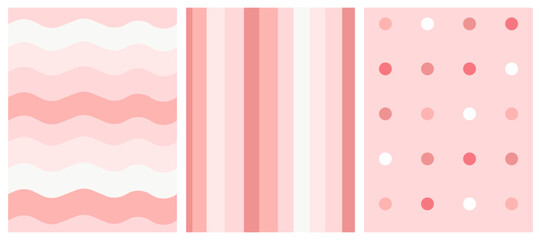 Cute seamless pattern set in pink color tone with wiggle wavy line, vertical stripes, and colorful dots on pastel pink background