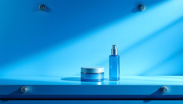 Sapphire Blue Industrial Chic Display, a striking background featuring a smooth brushed metallic surface, gradient hues, and exposed bolts, perfect for showcasing cosmetic products isolated with whi