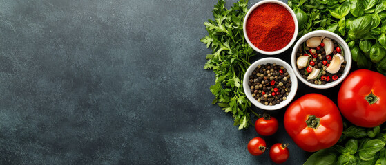Organized Flat Lay of Cooking Ingredients on a Textured Surface with Natural Light
