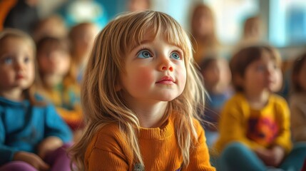 Fototapeta premium a group of diverse toddlers sit in a colorful classroom eyes wide with wonder as they listen to their teacher capturing the magic of childhood learning and curiosity