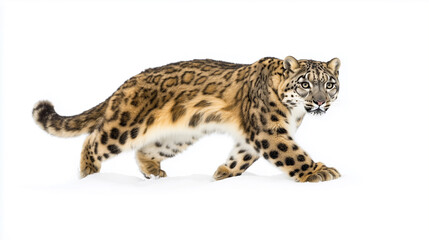 Obraz premium snow leopard prowling silently through snow isolated on white background