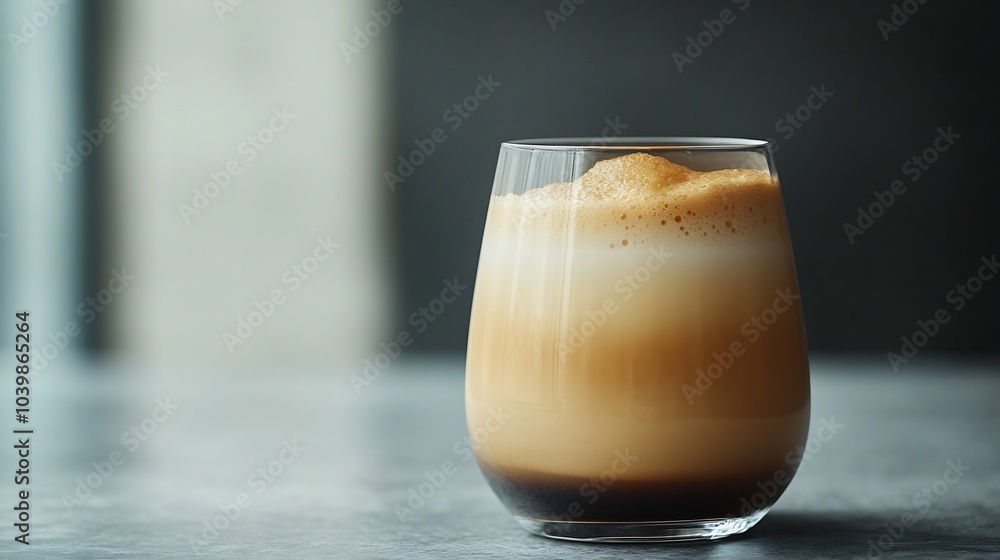 Poster smooth glass of dalgona coffee with rich velvety foam highlighted against a plain grey backdrop crea